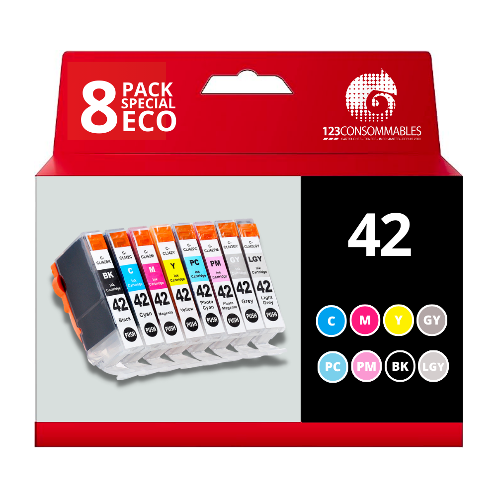 Pack compatible avec CANON CLI-42 8 cartouches (BK C M Y PC PM GY LGY)