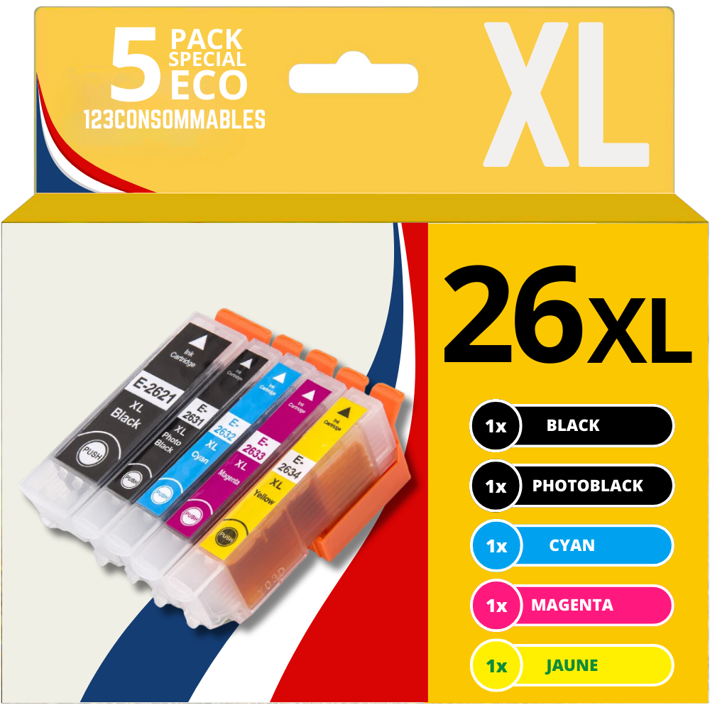 Pack compatible EPSON 26XL, 5 cartouches