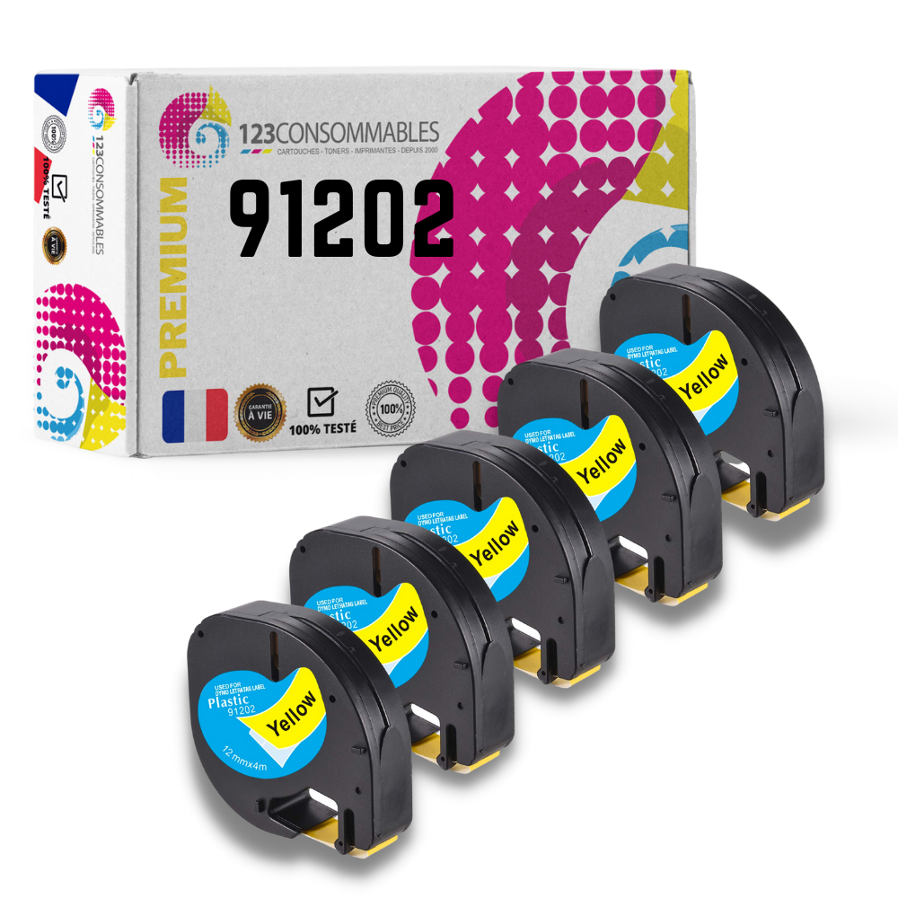 ✓ Pack de 5 Rubans compatible avec DYMO Letratag 91202 noir sur jaune  couleur Noir/jaune en stock - 123CONSOMMABLES