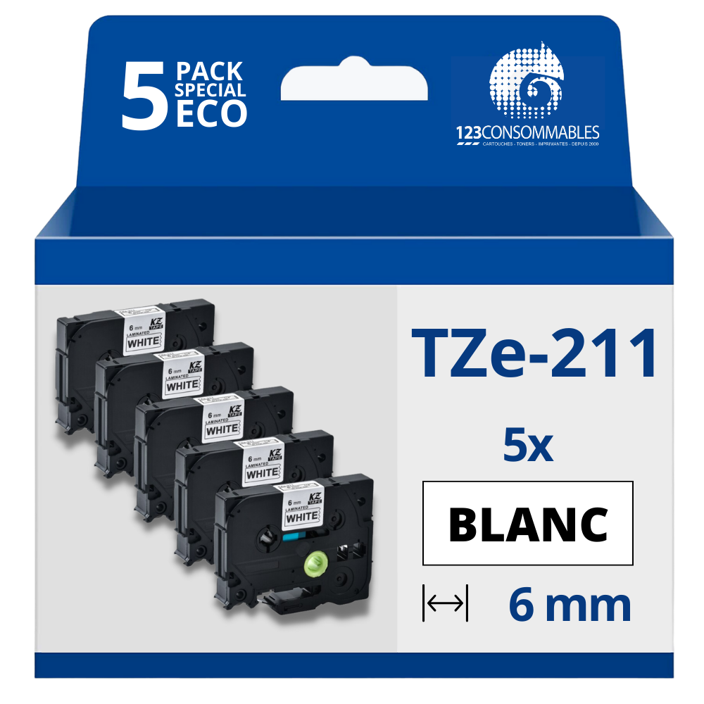 Pack de 5 Rubans compatible avec Brother TZe211- Texte noir sur fond blanc - Largeur 6 mm x 8 mètres