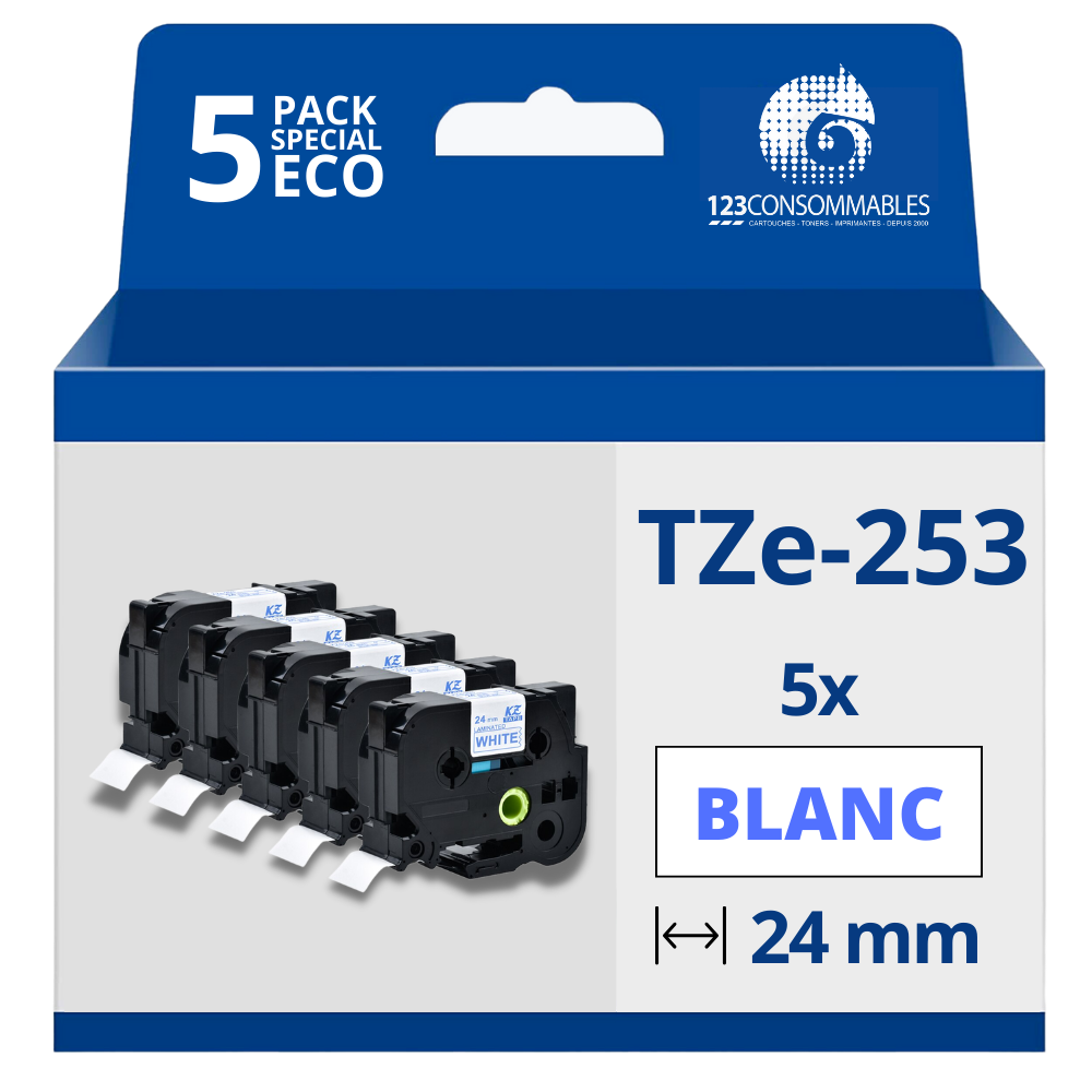 Pack de 5 Rubans compatible avec Brother TZe253- Texte bleu sur fond blanc - Largeur 24 mm x 8 mètres
