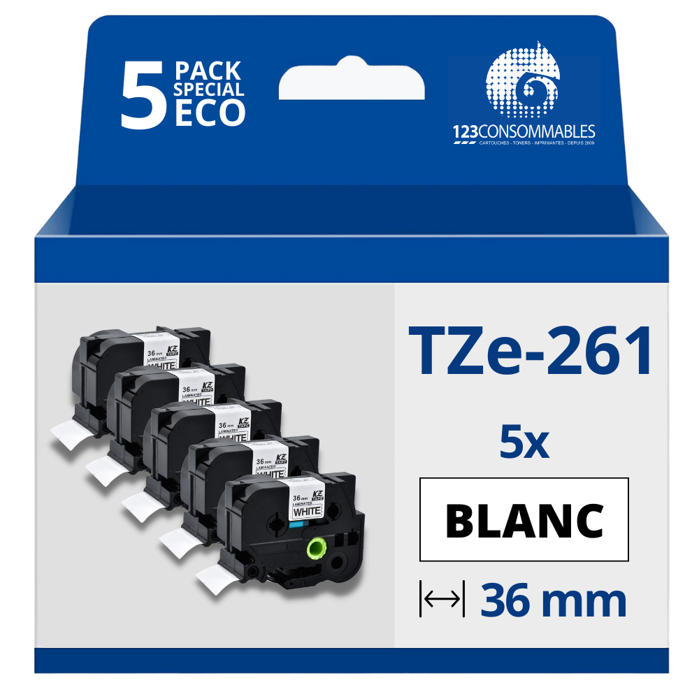 Pack de 5 Rubans compatible avec Brother TZe261- Texte noir sur fond blanc - Largeur 36 mm x 8 mètres