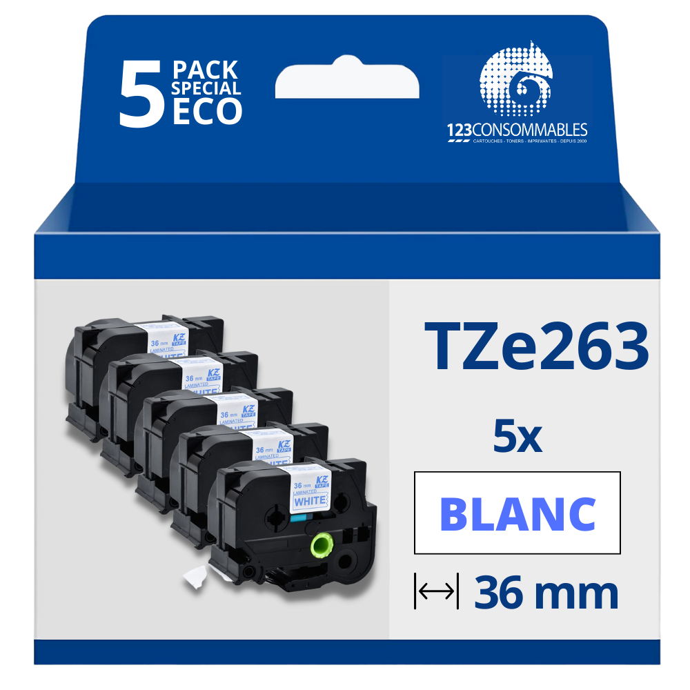 Pack de 5 Rubans compatible avec Brother TZe263- Texte bleu sur fond blanc - Largeur 36 mm x 8 mètres