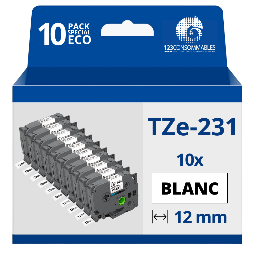 Pack de 10 Rubans adhésifs compatible avec Brother TZe-231- Texte noir sur fond blanc - Largeur 12 mm x 8 mètres