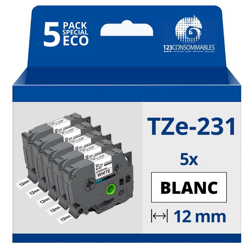 Ruban pour étiqueteuse TZE231 noir sur blanc 12 mm x 8 m
