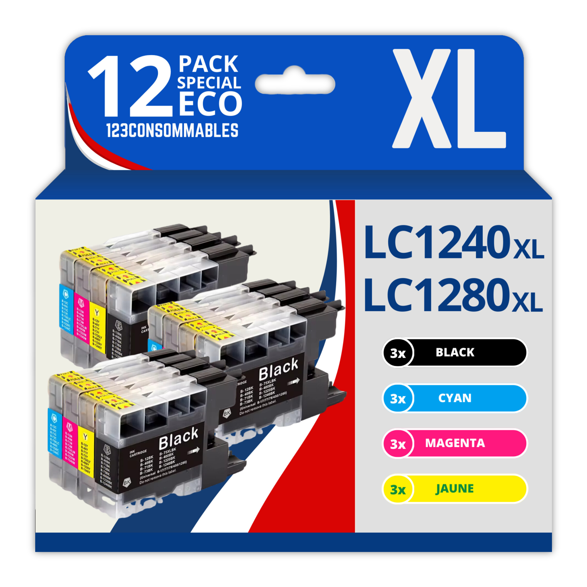 Pack compatible BROTHER LC1240/LC1280, 12 cartouches