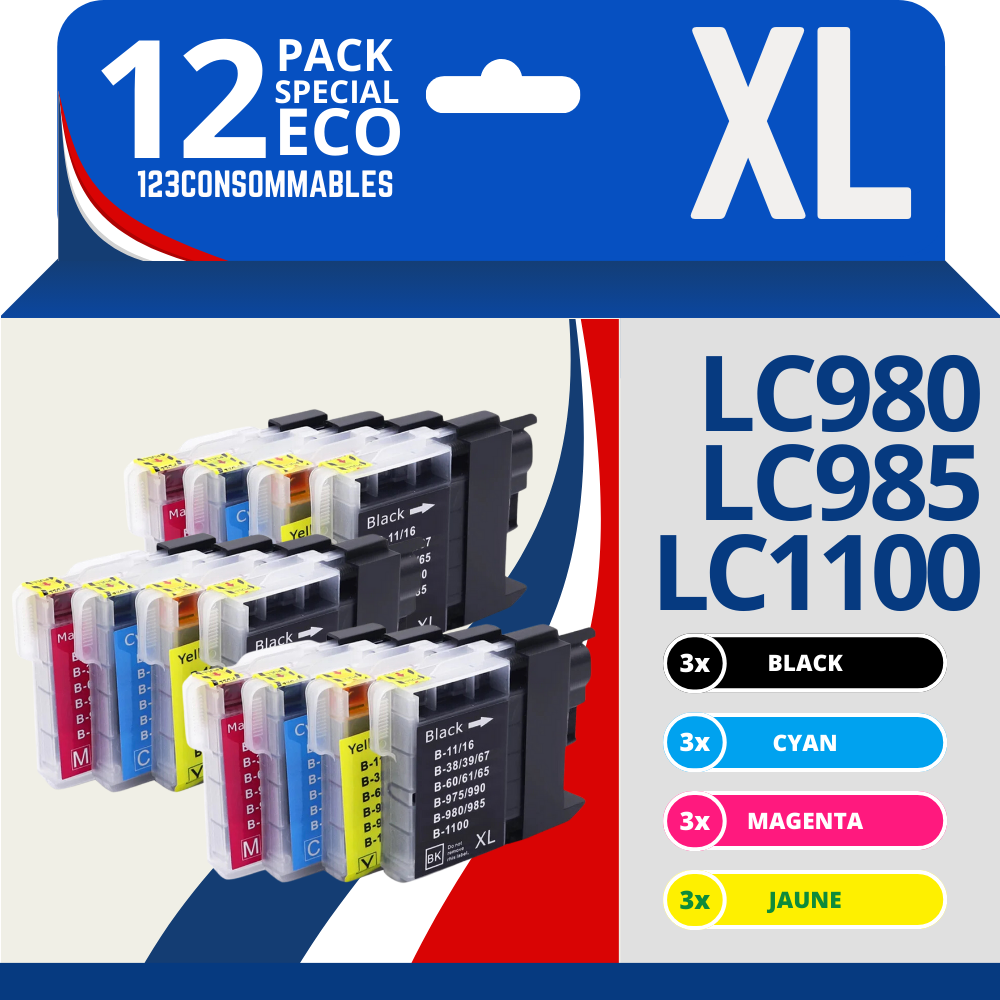 Pack compatible BROTHER LC980/LC985/LC1100, 12 cartouches