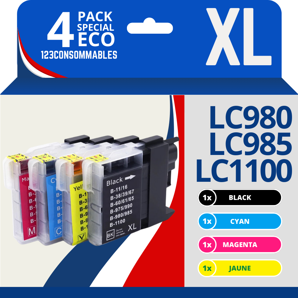 Pack compatible BROTHER LC980/LC985/LC1100, 4 cartouches