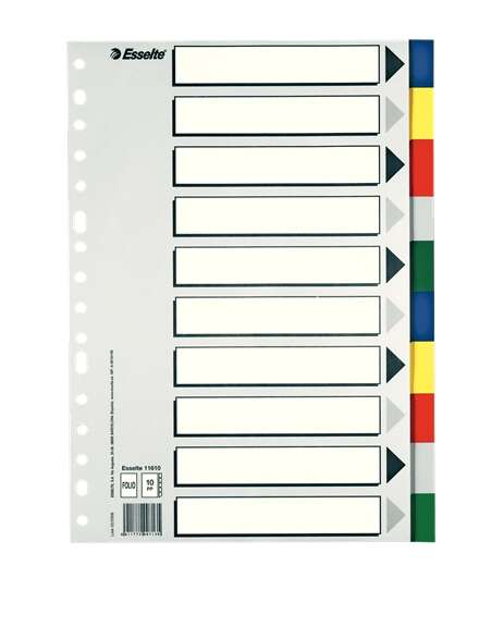 Intercalaires Plastique - 10 Onglets / 5 Couleurs - Multi-trous - Format Folio