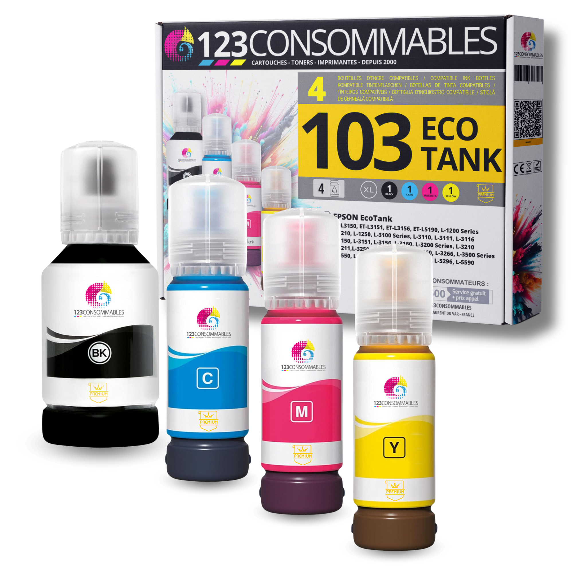 Pack compatible avec EPSON 103 ECOTANK, 4 bouteilles d'encre