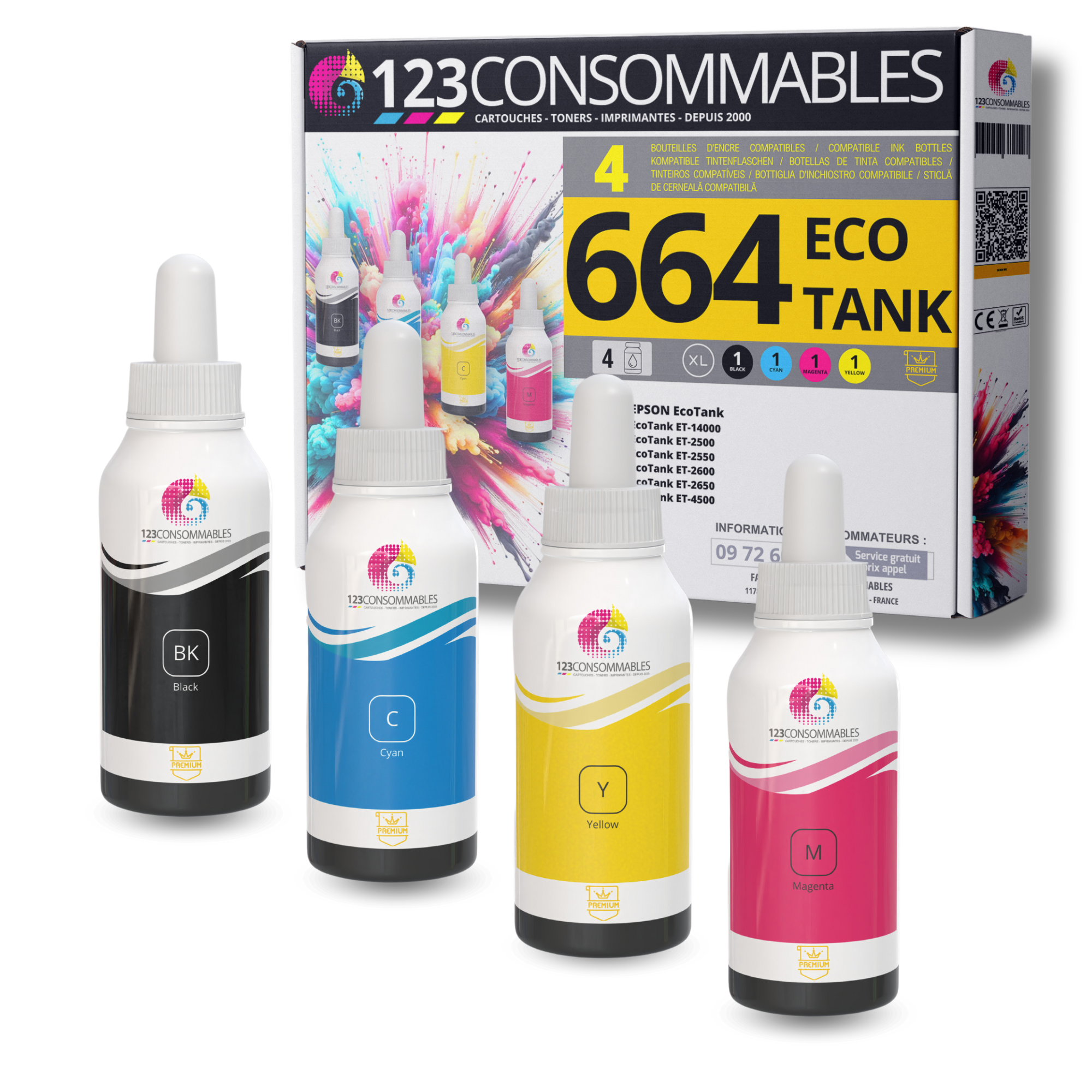 Pack compatible avec EPSON 664 ECOTANK, 4 bouteilles d'encre