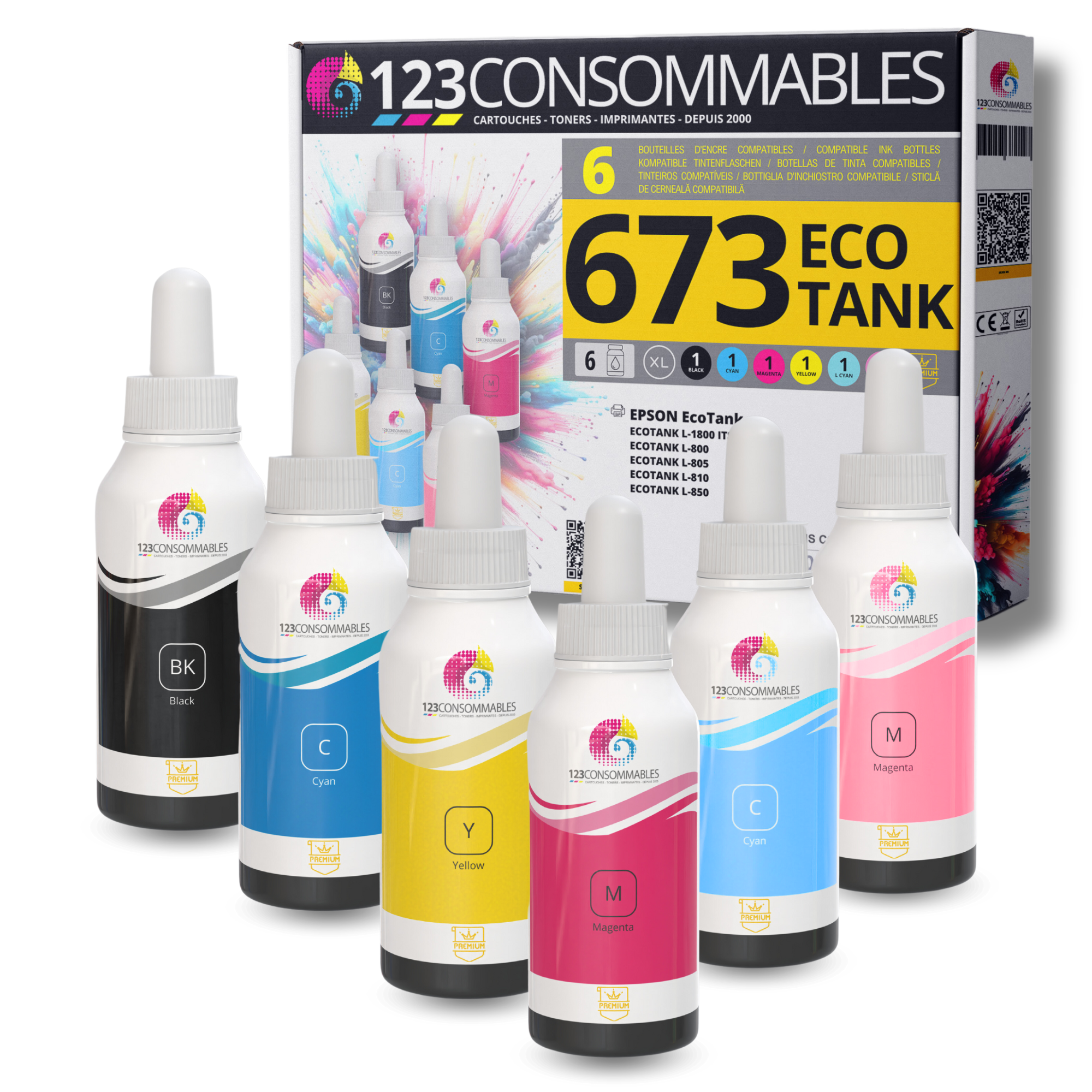 Pack compatible avec EPSON 673 ECOTANK, 6 bouteilles d'encre