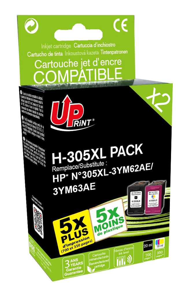 ✓ Pack UPrint compatible HP 305XL (3YM62AE/3YM63AE) noir et couleur couleur  pack en stock - 123CONSOMMABLES