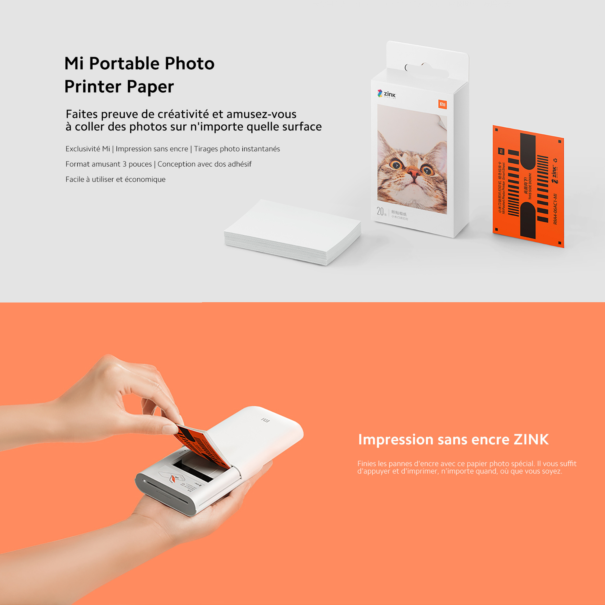 Pack 2 - Papier photographique Xiaomi pour imprimante Imprimante photo portable Xiaomi Mi 20 unités (40 feuilles)