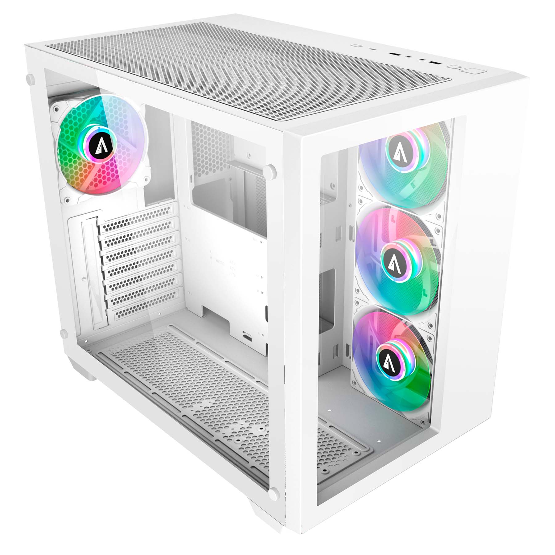 Abysm Danube Sava 285 BX203 Boîtier tour ARGB ATX, ITX, Micro ATX blanc - Verre trempé latéral et avant - 3,5" et 2,5" - USB-A, USB-C et audio - 4 ventilateurs ARGB installés - Supporte le refroidissement liquide