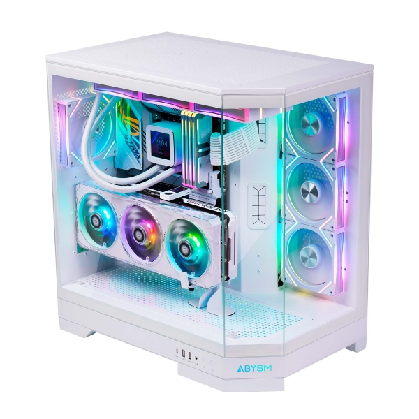 Abysm Danube Sava H600 Boîtier tour blanc E-ATX, ATX, ITX, Micro ATX - Verre trempé latéral et avant - 3,5" et 2,5" - USB-A, USB-C et Audio - 4 ventilateurs ARGB installés - Supporte le refroidissement liquide