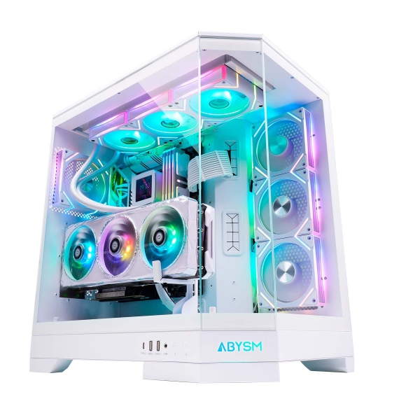 Abysm Danube Sava H600 Boîtier tour blanc E-ATX, ATX, ITX, Micro ATX - Verre trempé latéral et avant - 3,5" et 2,5" - USB-A, USB-C et Audio - 4 ventilateurs ARGB installés - Supporte le refroidissement liquide