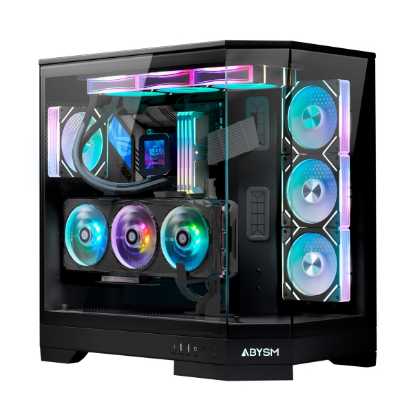 Abysm Danube Sava H600 Boîtier tour noir E-ATX, ATX, ITX, Micro ATX - Verre trempé latéral et avant - 3,5" et 2,5" - USB-A, USB-C et Audio - 4 ventilateurs ARGB installés - Supporte le refroidissement liquide