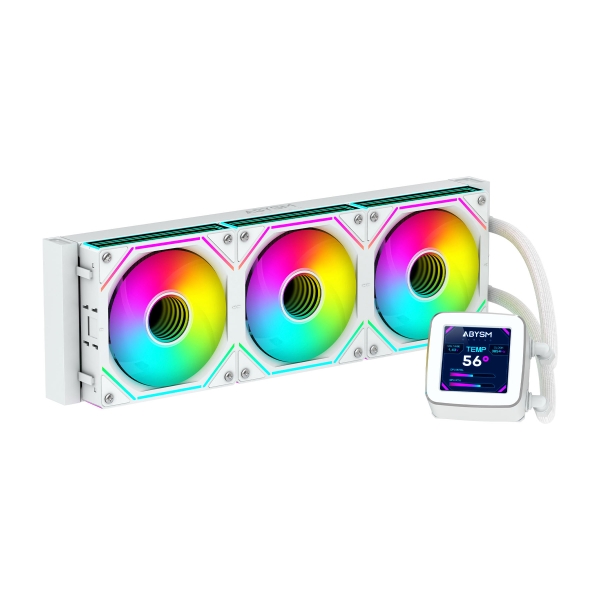 Abysm Oceanic LCD 360 ARGB Kit de refroidissement liquide - 3 ventilateurs 120 mm - Éclairage ARGB - Écran LCD 2,8" - Pompe 2500 tr/min - Tubes 380 mm - Couleur Blanc