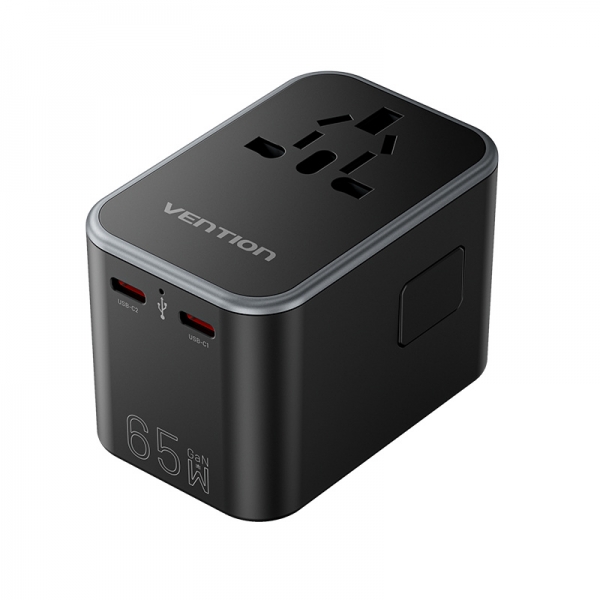 Adaptateur de voyage Vention Universal GaN 65W - 3 ports USB (C+C+A 65W/65W/30W) - Noir