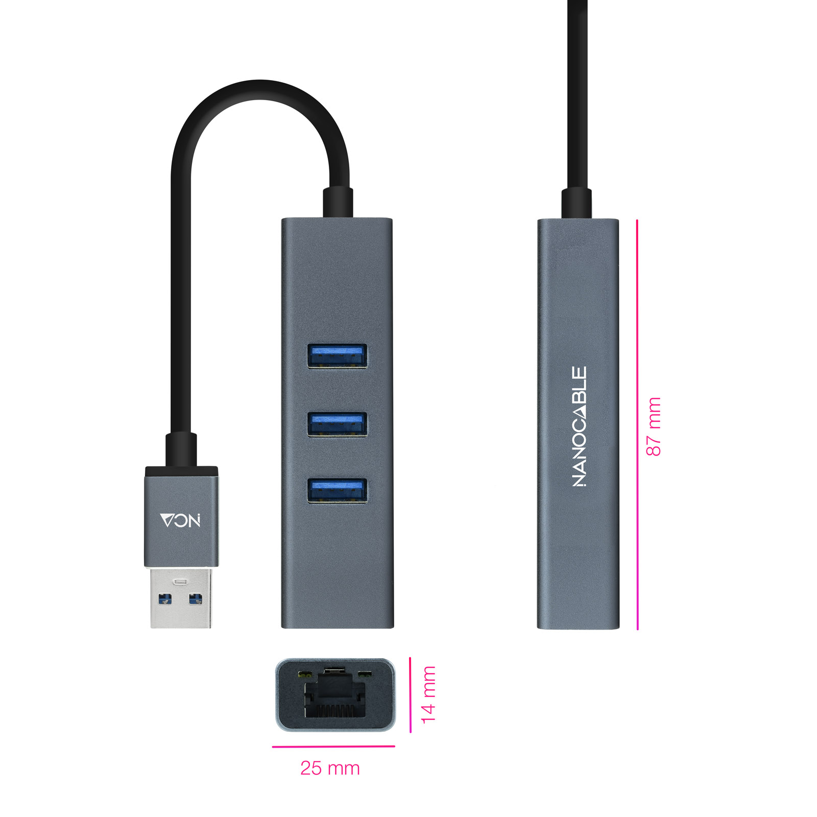 Adaptateur Réseau Nanocable USB 3.0 vers Gigabit Ethernet 10/100/1000 Mbps + 3 Ports USB