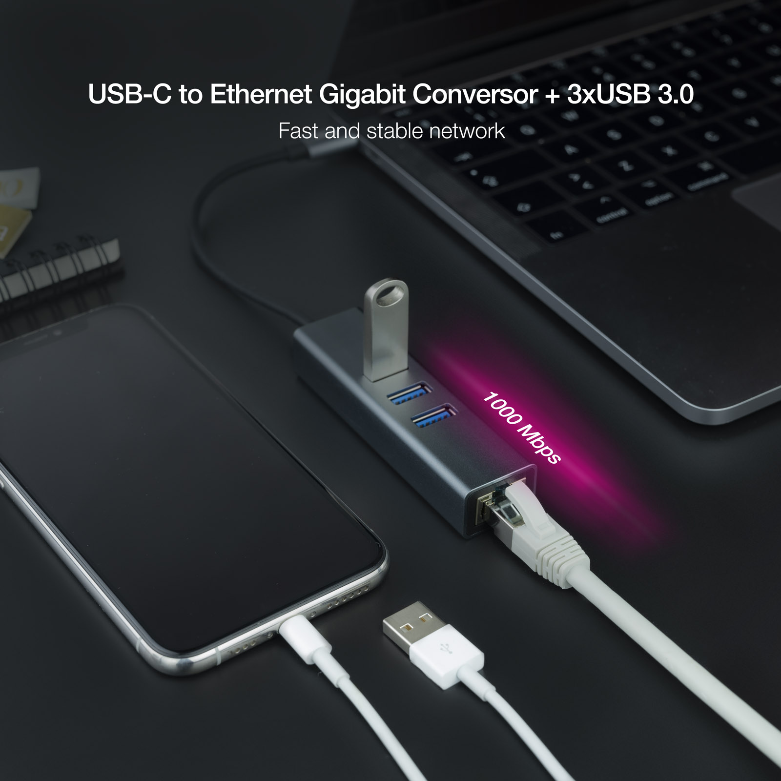 Adaptateur réseau Nanocable USB-C vers Gigabit Ethernet 10/100/1000 Mbps + 3 ports USB 3.0