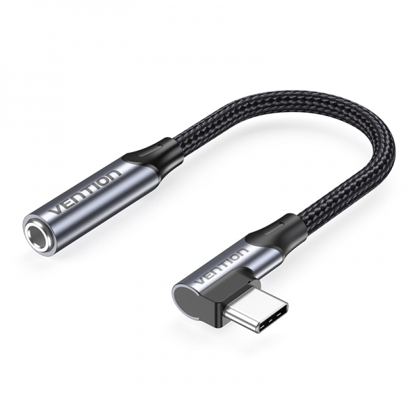 Adaptateur USB-C Mâle vers Jack Femelle 3,5 mm à Angle Droit Vention - 0,1 m - Aluminium Gris