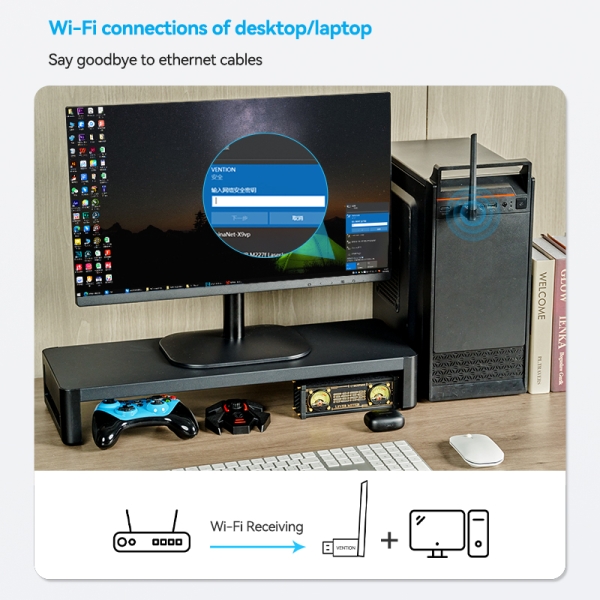 Adaptateur Wi-Fi USB double bande Vention AC650 - Gain élevé - Connexion stable - Installation facile - Couleur noire