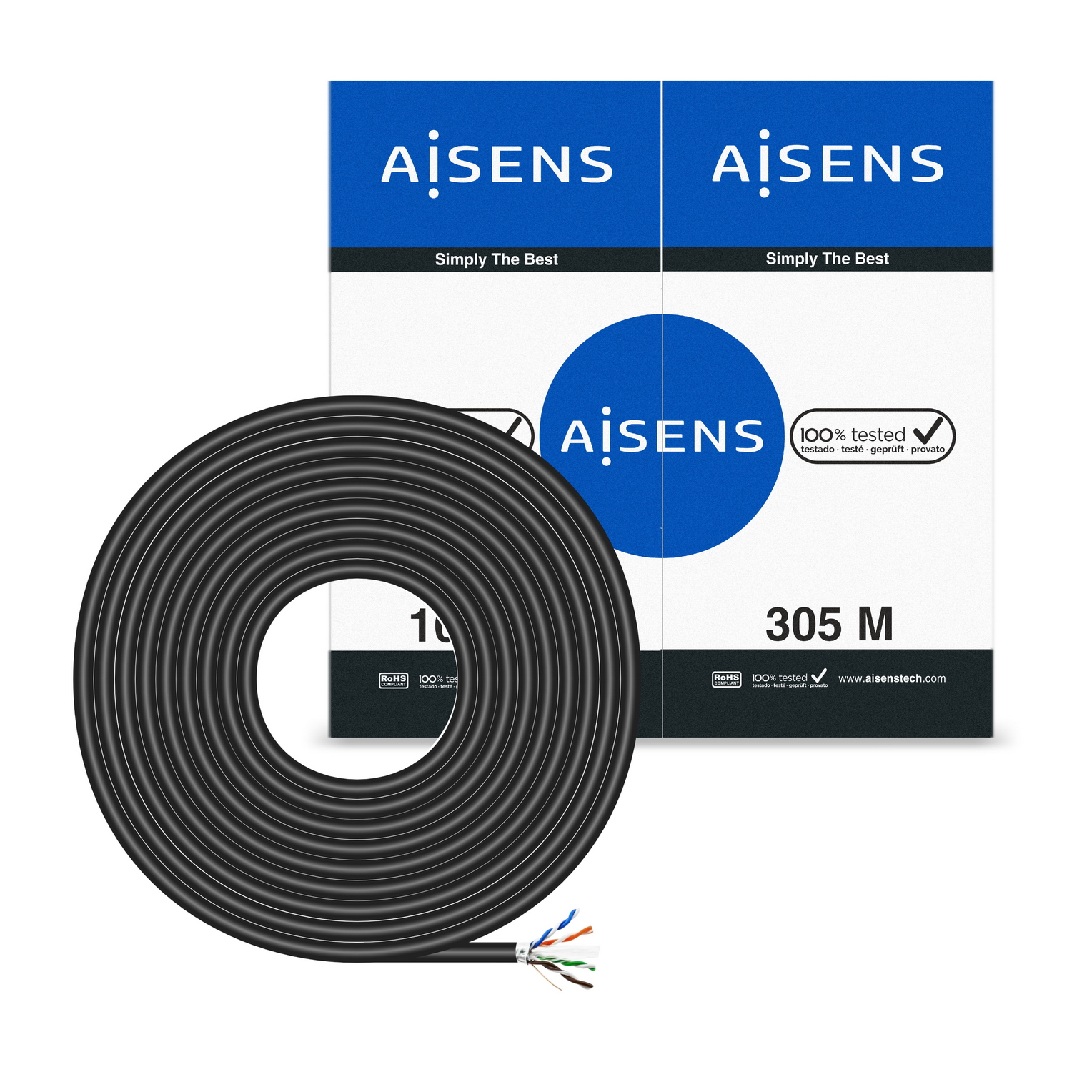 Aisens Câble Réseau Extérieur Étanche RJ45 Cat.6 Ftp Rigide Awg24 - 305m - Couleur Noir