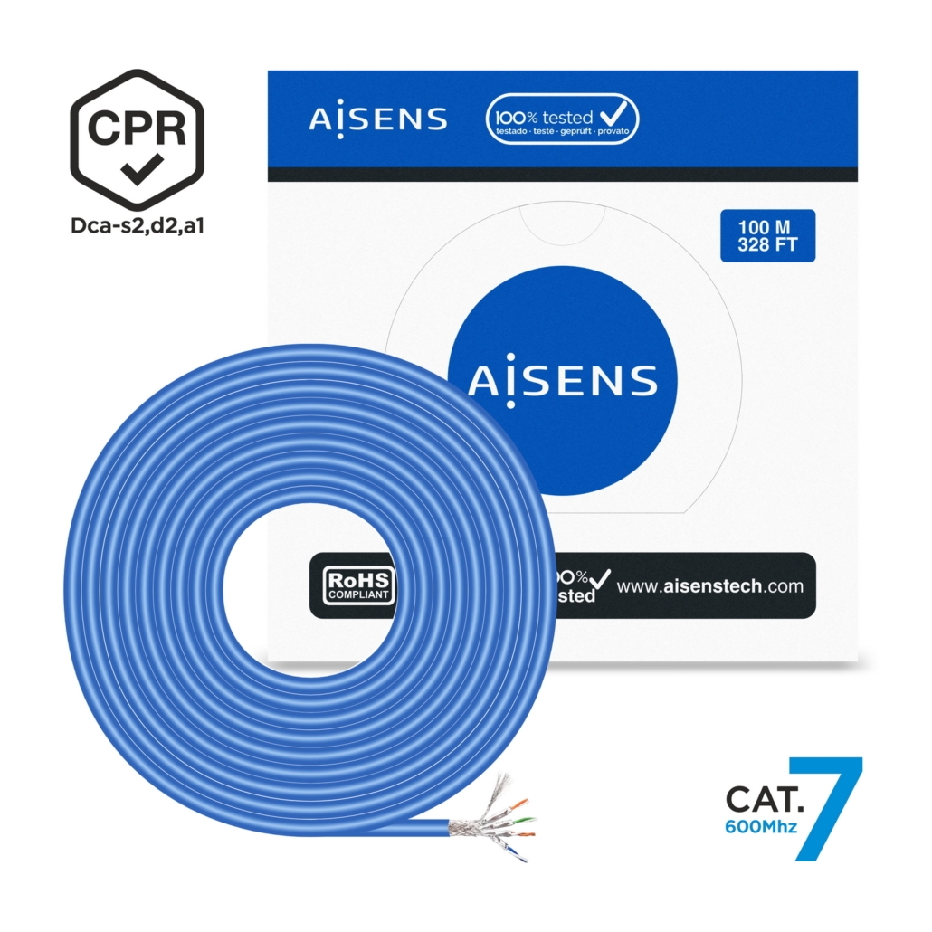 Aisens Câble Réseau RJ45 LSZH CPR Dca CAT.7 600 MHZ S/FTP AWG23 - 100M - Couleur Bleu