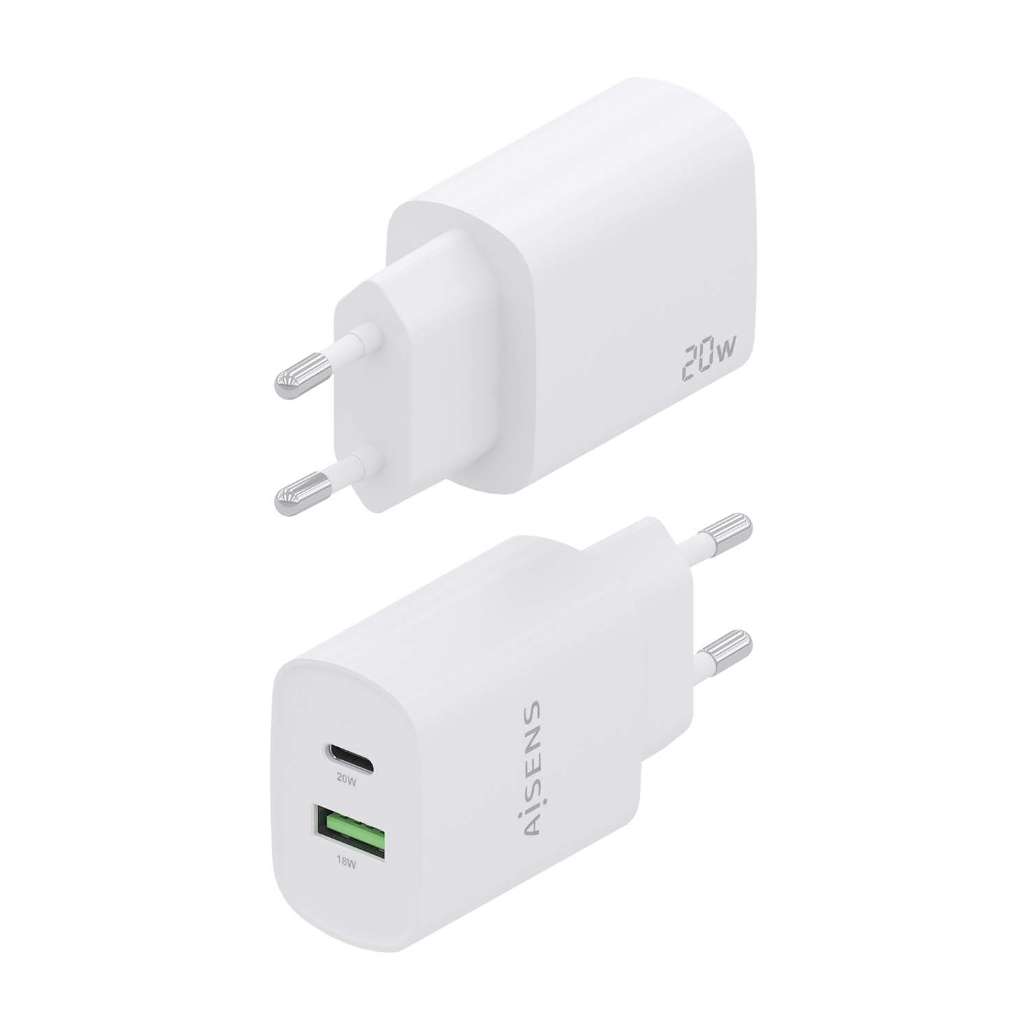 Aisens Chargeur 20W - 1xUSB-C PD3.0 - 1xUSB-A QC3.0 - Blanc