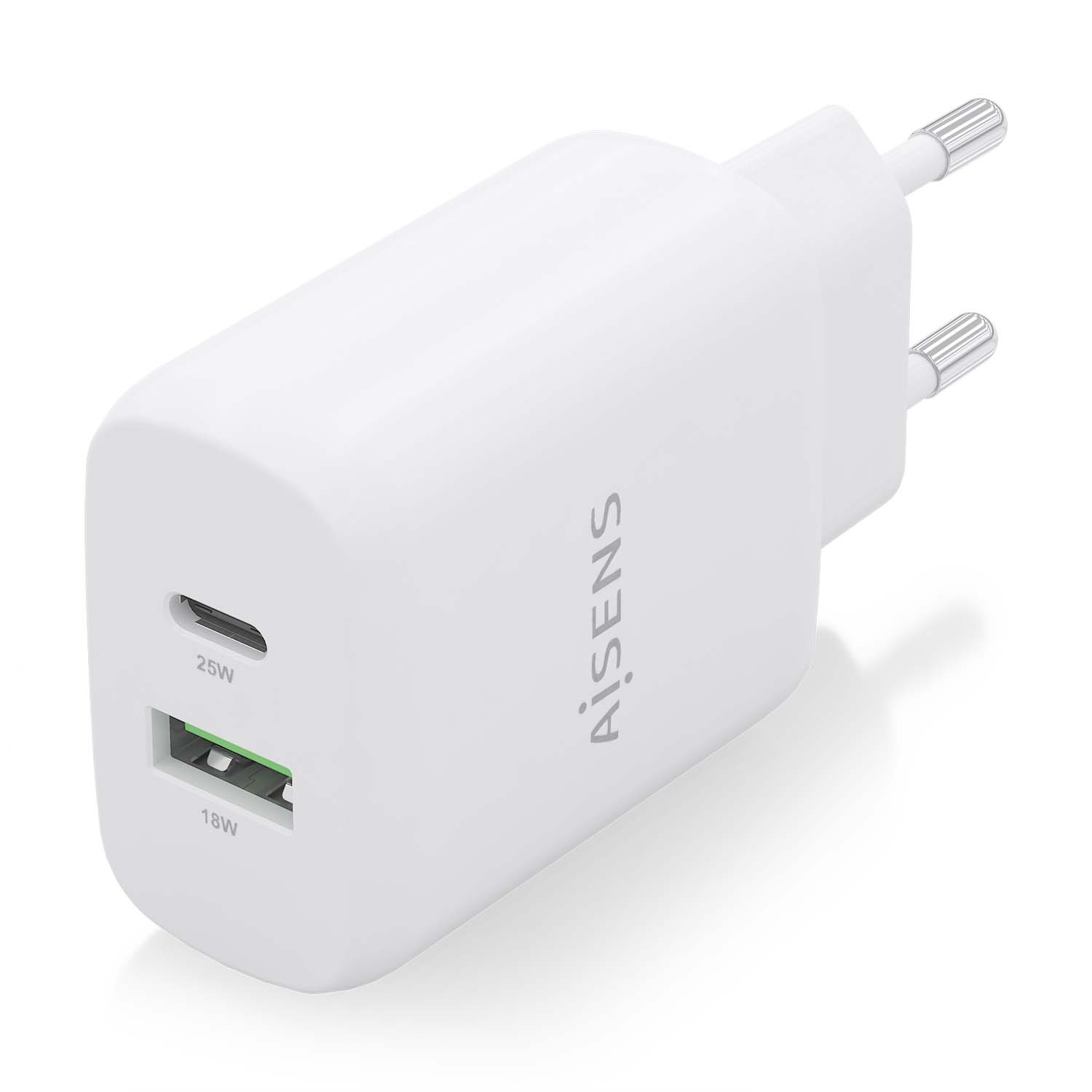 Aisens Chargeur 25W - 1xUSB-C PD3.0 - 1xUSB-A QC3.0 - Blanc