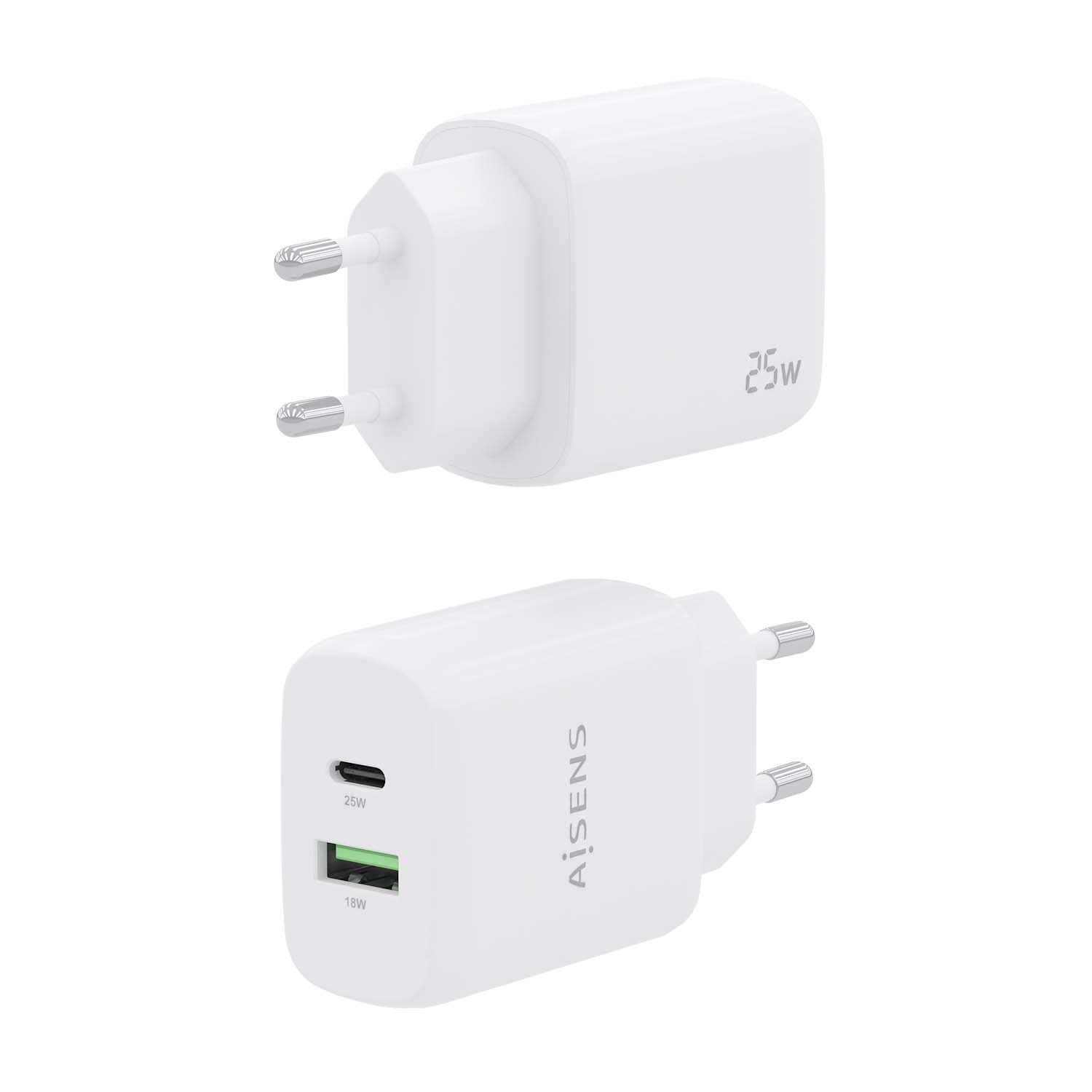 Aisens Chargeur 25W - 1xUSB-C PD3.0 - 1xUSB-A QC3.0 - Blanc