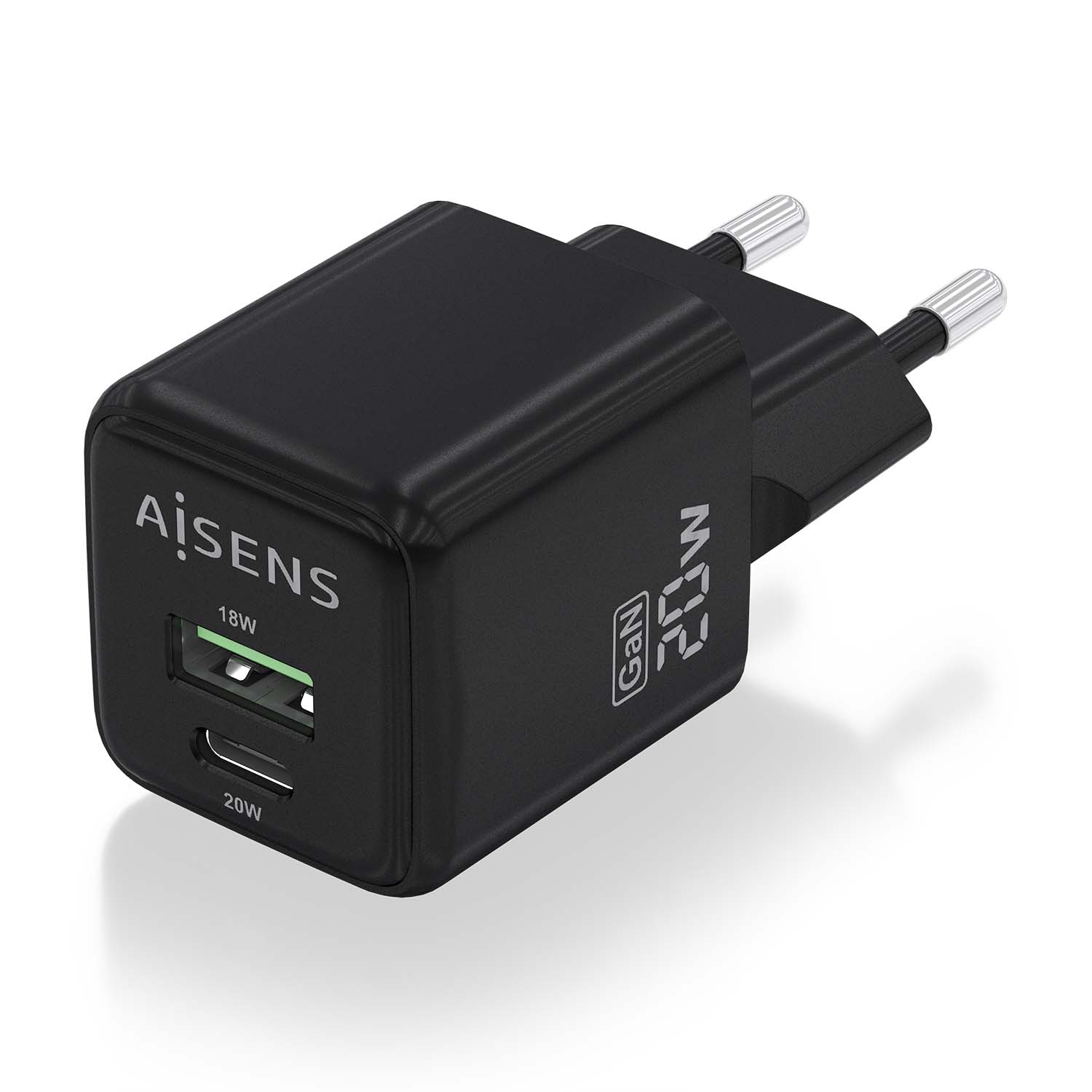 Aisens Chargeur Gan 20W - 1xUSB-C PD3.0 QC4.0 - 1xUSB-A QC3.0 - Couleur Noir