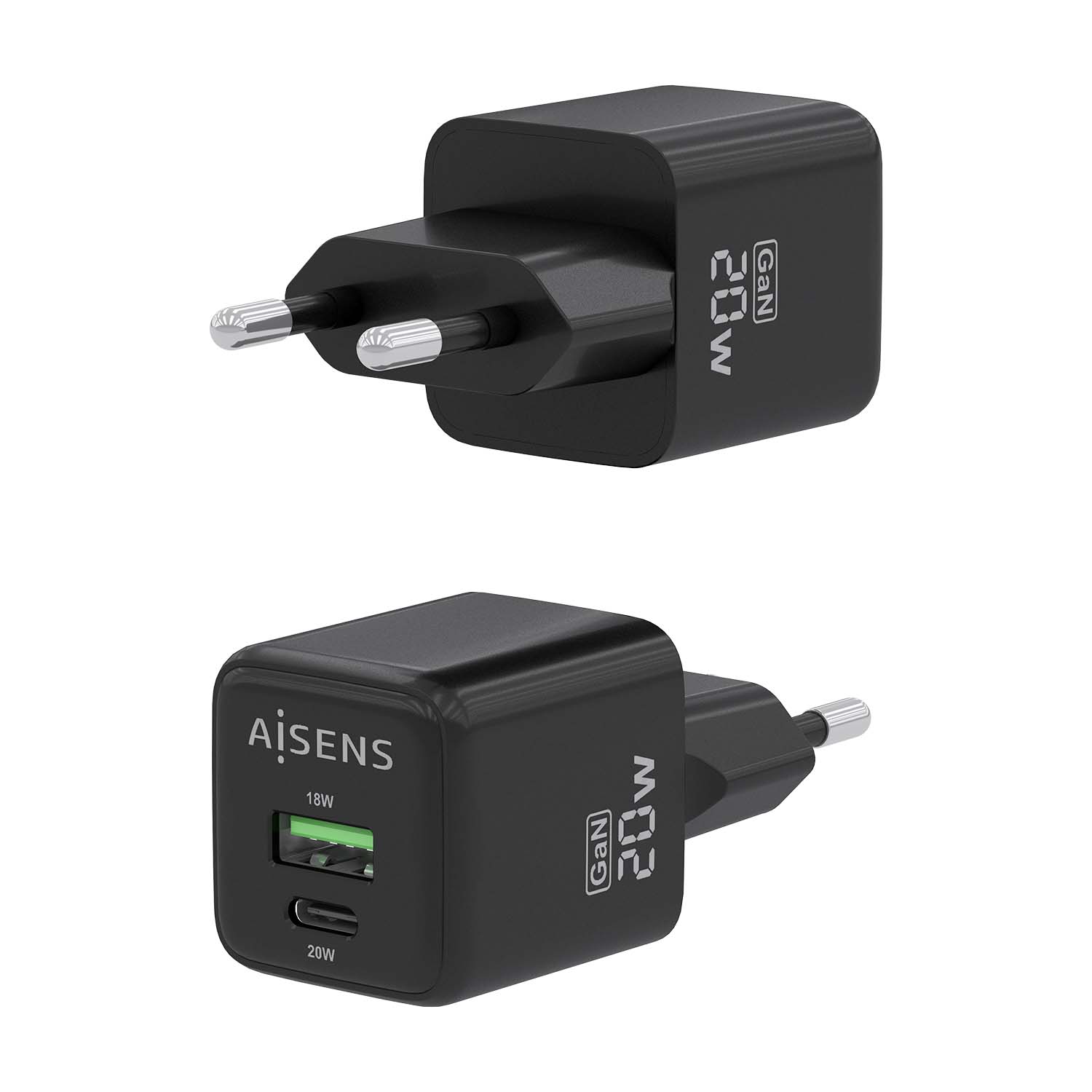 Aisens Chargeur Gan 20W - 1xUSB-C PD3.0 QC4.0 - 1xUSB-A QC3.0 - Couleur Noir