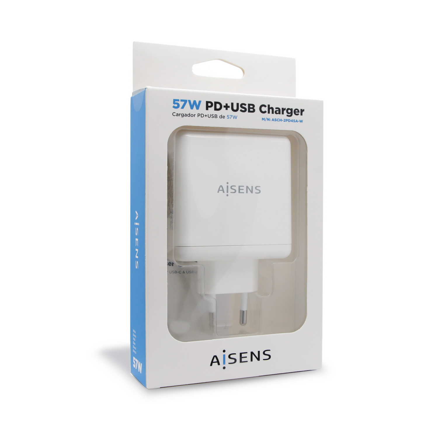 Aisens Chargeur pour Smartphone 57W 1x USB-C PD3.0 45W, 1x USB-A 5V/2.4A 12W