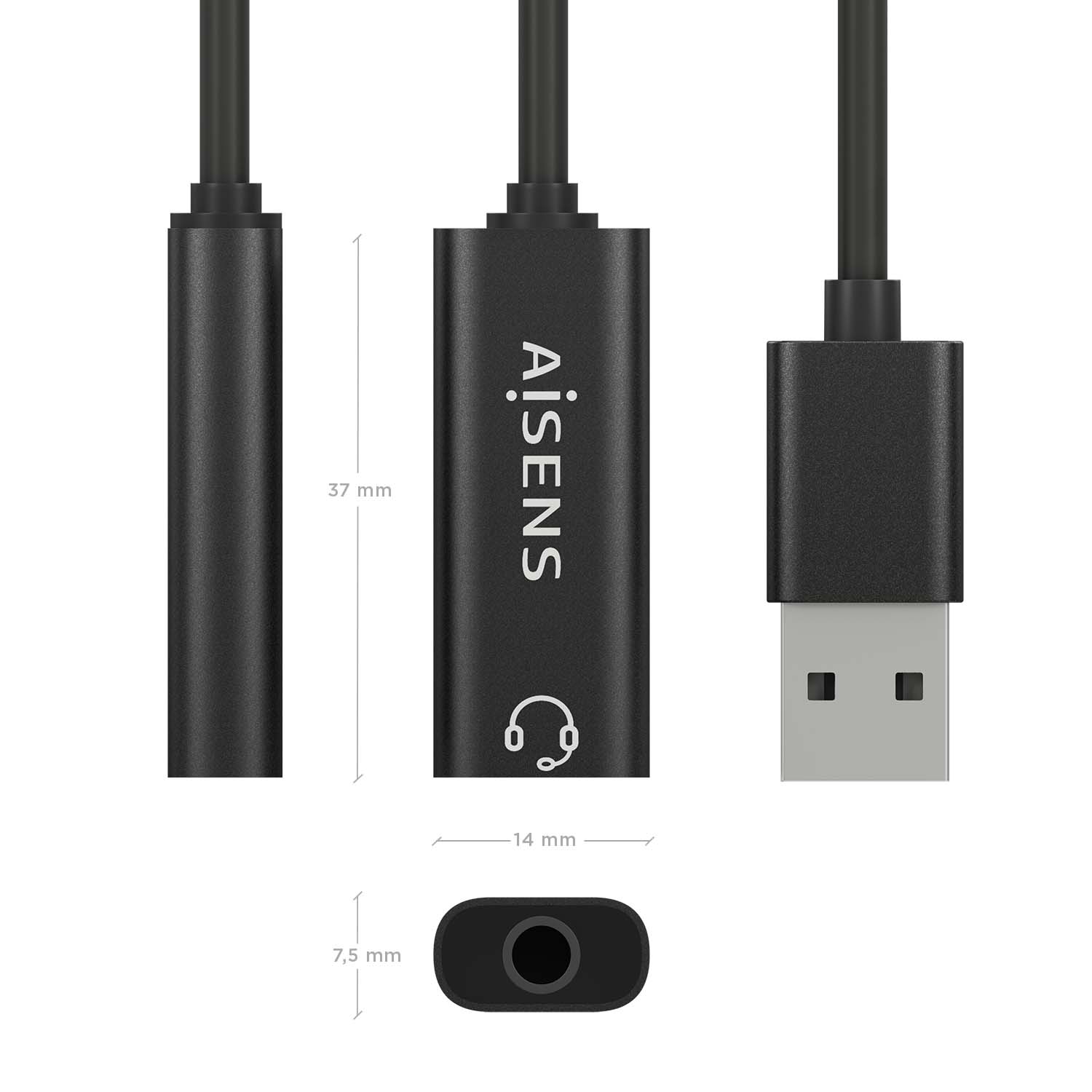 Aisens Convertisseur USB-A vers Audio 48KHz - USB-A/M-JACK 3.5/H - 10cm - Couleur Noir