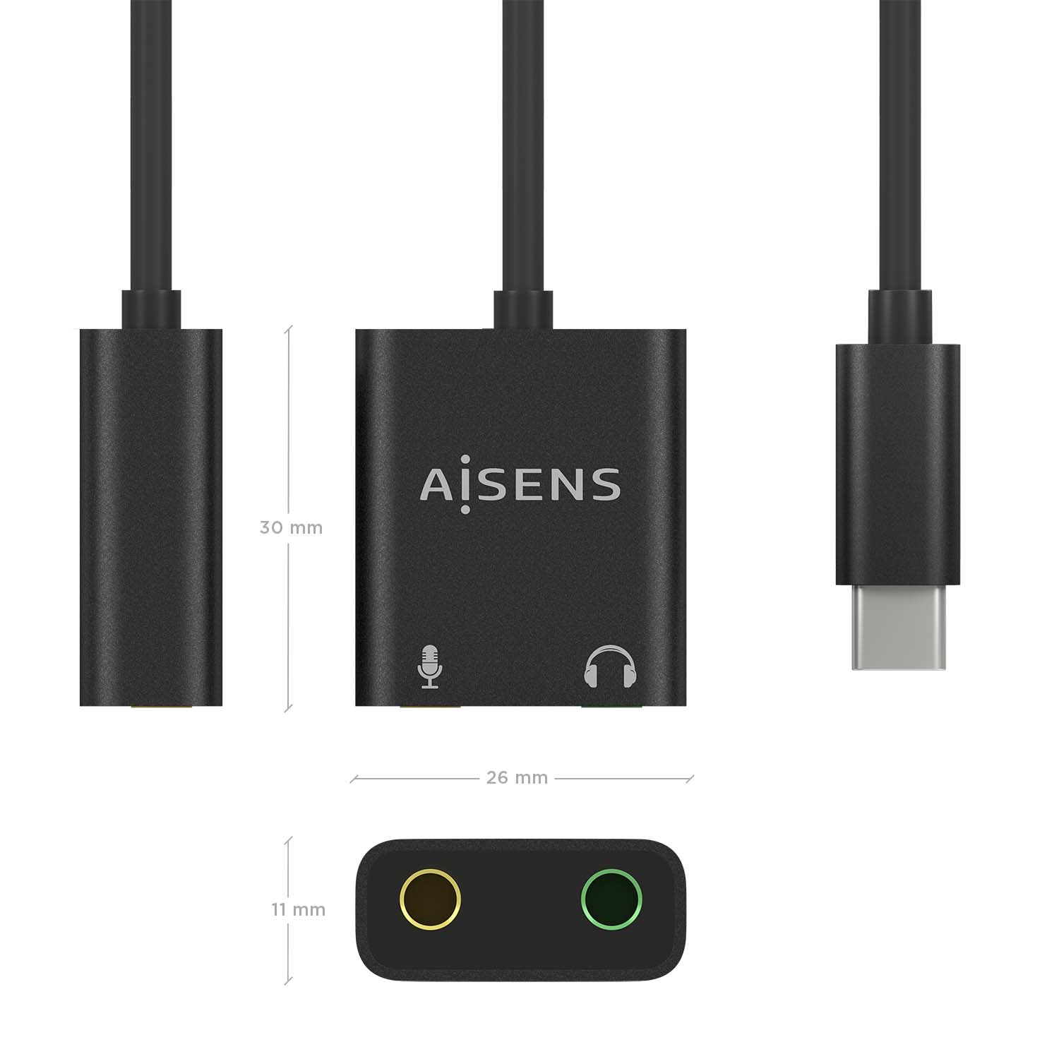 Aisens Convertisseur USB-C vers Audio 48KHz - USB-C/M-2xJACK 3.5/H - 10cm - Couleur Noir