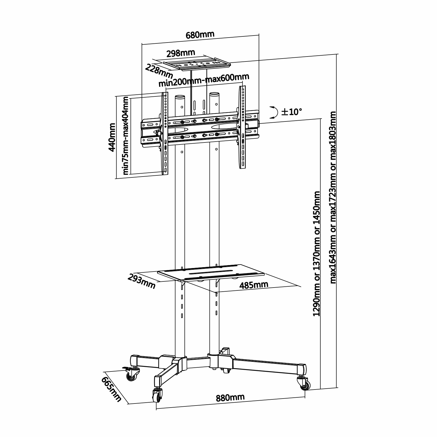 Aisens Eco Floor Stand with Wheels - DVD Tray and Camera Stand (TV 37?-70?) - Couleur Noir