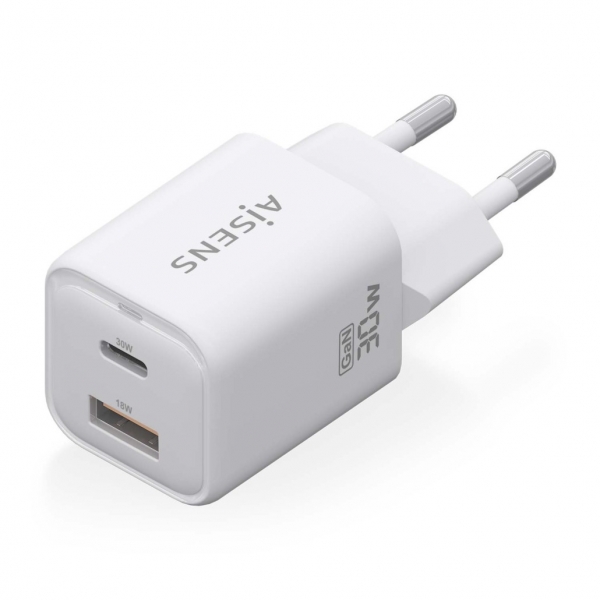 Aisens Gan USB-C Chargeur 30W - Haute efficacité énergétique - Design élégant et moderne - Technologie AI - Charge rapide et sûre - Protection contre les surcharges et les courts-circuits