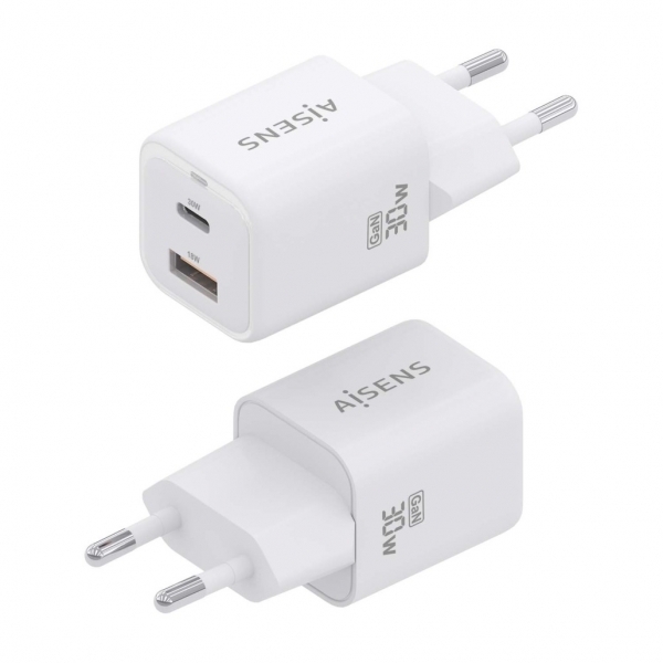 Aisens Gan USB-C Chargeur 30W - Haute efficacité énergétique - Design élégant et moderne - Technologie AI - Charge rapide et sûre - Protection contre les surcharges et les courts-circuits