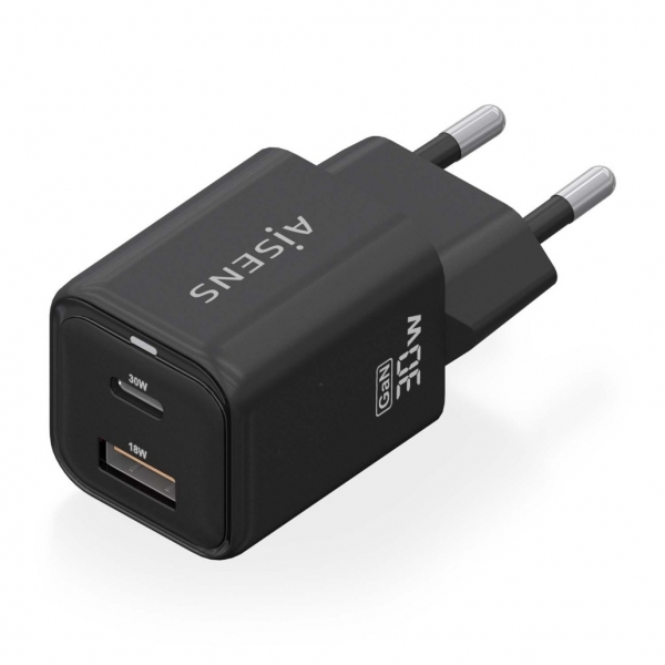 Aisens Gan USB-C Chargeur 30W - Haute efficacité énergétique - Technologie AI pour une charge rapide - Multiples protections de sécurité - Compatible USB-C et USB-A - Chargement simultané