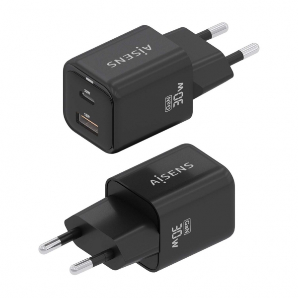 Aisens Gan USB-C Chargeur 30W - Haute efficacité énergétique - Technologie AI pour une charge rapide - Multiples protections de sécurité - Compatible USB-C et USB-A - Chargement simultané