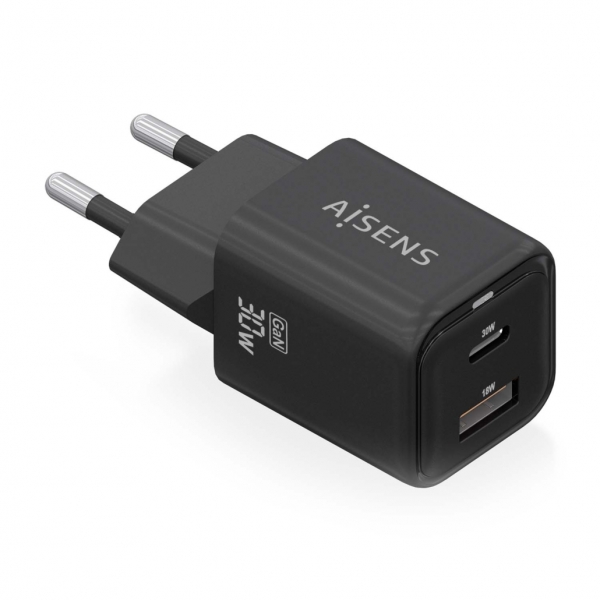 Aisens Gan USB-C Chargeur 30W - Haute efficacité énergétique - Technologie AI pour une charge rapide - Multiples protections de sécurité - Compatible USB-C et USB-A - Chargement simultané