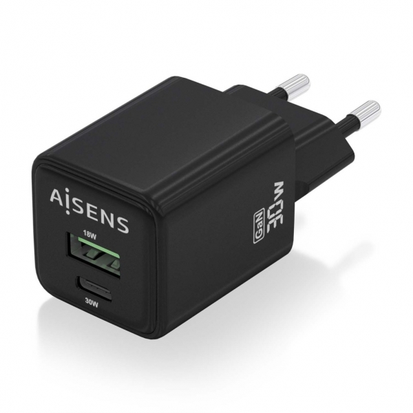 Aisens Gan USB-C Chargeur 30W - Haute efficacité énergétique - Technologie AI pour une charge rapide - Multiples protections de sécurité - Compatible USB-C et USB-A - Chargement simultané de 2 appareils