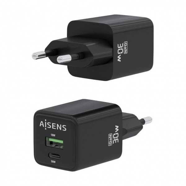 Aisens Gan USB-C Chargeur 30W - Haute efficacité énergétique - Technologie AI pour une charge rapide - Multiples protections de sécurité - Compatible USB-C et USB-A - Chargement simultané de 2 appareils