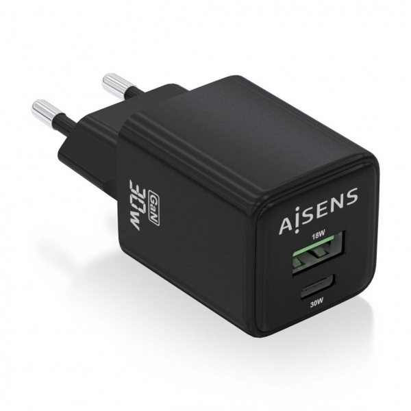 Aisens Gan USB-C Chargeur 30W - Haute efficacité énergétique - Technologie AI pour une charge rapide - Multiples protections de sécurité - Compatible USB-C et USB-A - Chargement simultané de 2 appareils