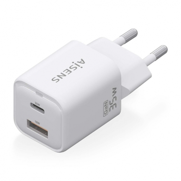 Aisens Gan USB-C Chargeur 35W - Haute efficacité énergétique - Technologie AI pour une charge rapide - Protections multiples - Compatible avec PD3.0 et QC3.0 - Chargement simultané USB-C et USB-A