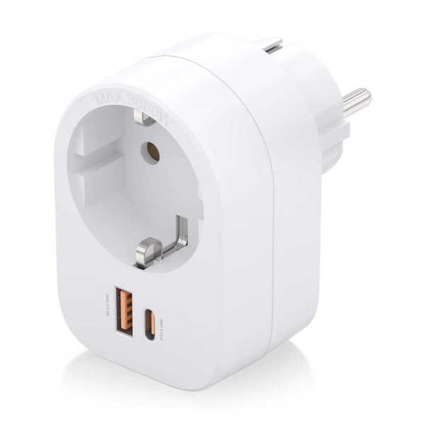 Aisens Multiprise Murale Multifonction avec 1 Prise + 1xUSB-C 20W PD3.0 - 1xUSB-A 20W QC3.0 - Blanc