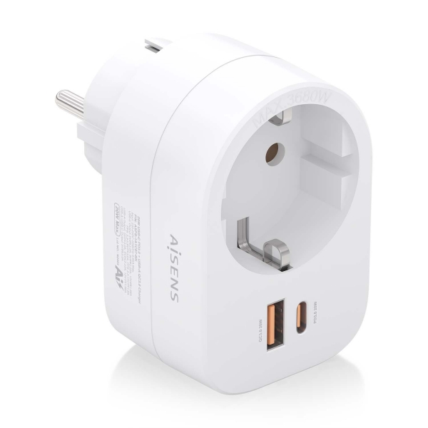 Aisens Multiprise Murale Multifonction avec 1 Prise + 1xUSB-C 20W PD3.0 - 1xUSB-A 20W QC3.0 - Blanc